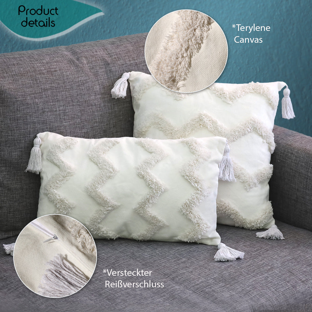 DECCARO Kissenhülle Hygge Zigzag in weiß, Materialkombination aus Polyester und Canvas sowie Dekopaspeln an den vier Ecken des Bezugs. 1 Stück 45 x 45 cm, 1 Stück 30 x 50 cm