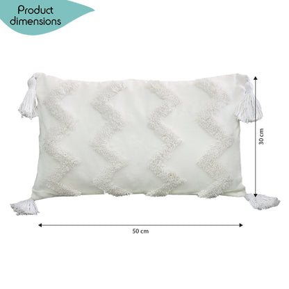 DECCARO Kissenhülle Hygge Zigzag in weiß, Materialkombination aus Polyester und Canvas sowie Dekopaspeln an den vier Ecken des Bezugs, 1 Stück 30 x 50 cm, rechteckig
