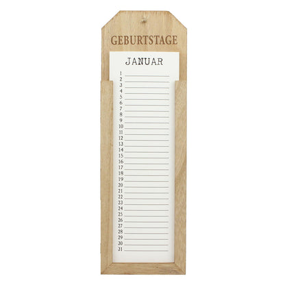 Memoboard Geburtstag aus Holz mit Aufdruck „Geburtstage“ und stabilen Monatskarten aus Papier, mit Aufhängeschnur