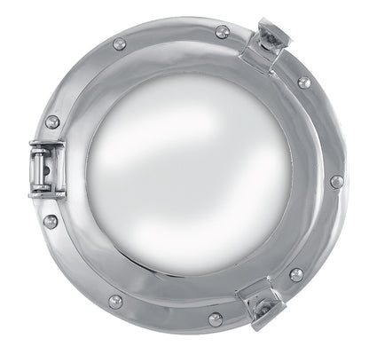 Bullaugenspiegel, Aluminium, vernickelt. Der Spiegel im Format eines Bullauges ist mit einer voll funktionsfähigen Klappfunktion ausgestattet. Durch Lösen der beiden Arretierungselemente kann das Bullauge aufgeklappt werden. 