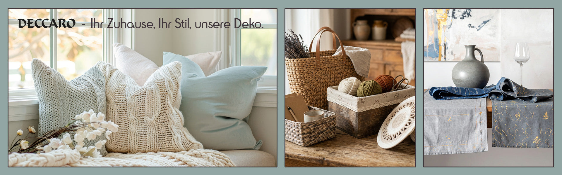 Header DECCARO Startseite, verschiedene Produktkategorien, Kissen, Körbe, Tischläufer